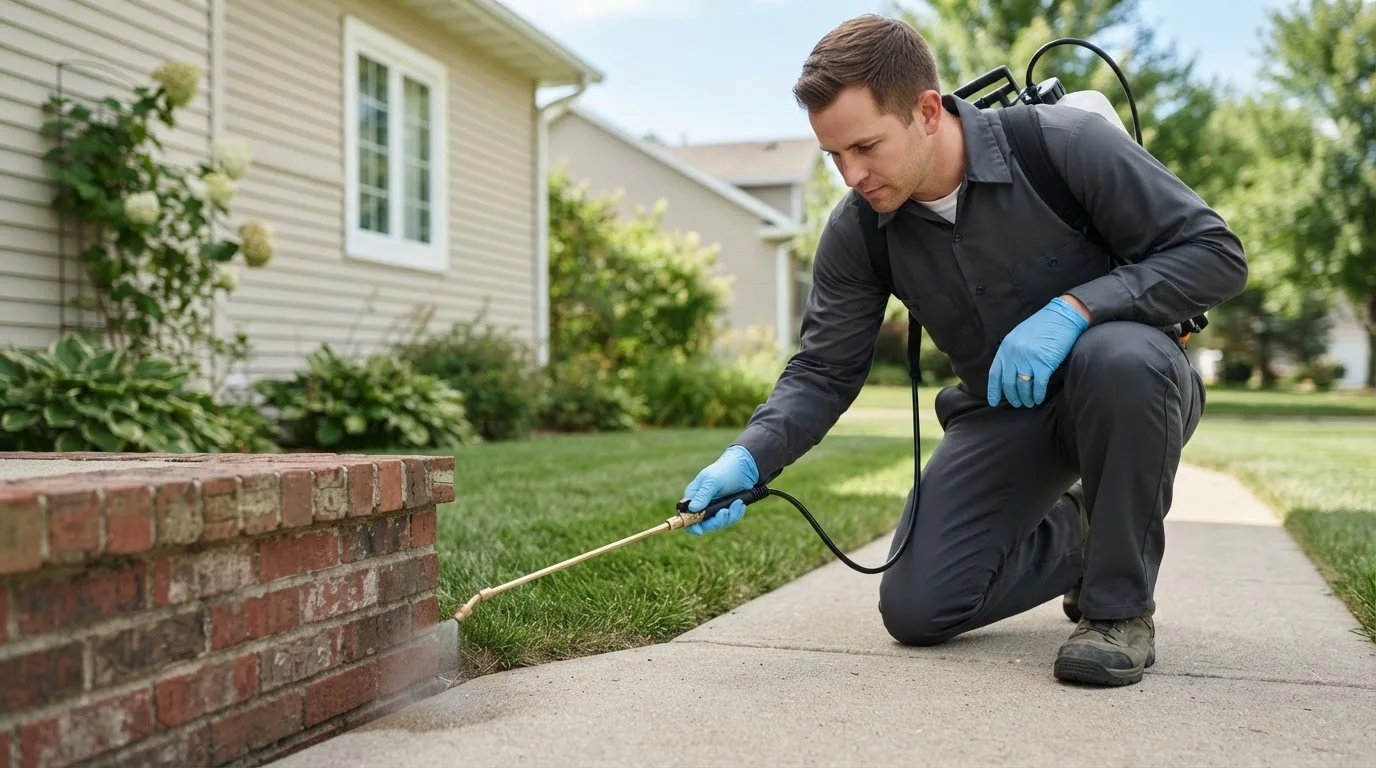 Pest control technician treating a home near Brownville Junction, ME